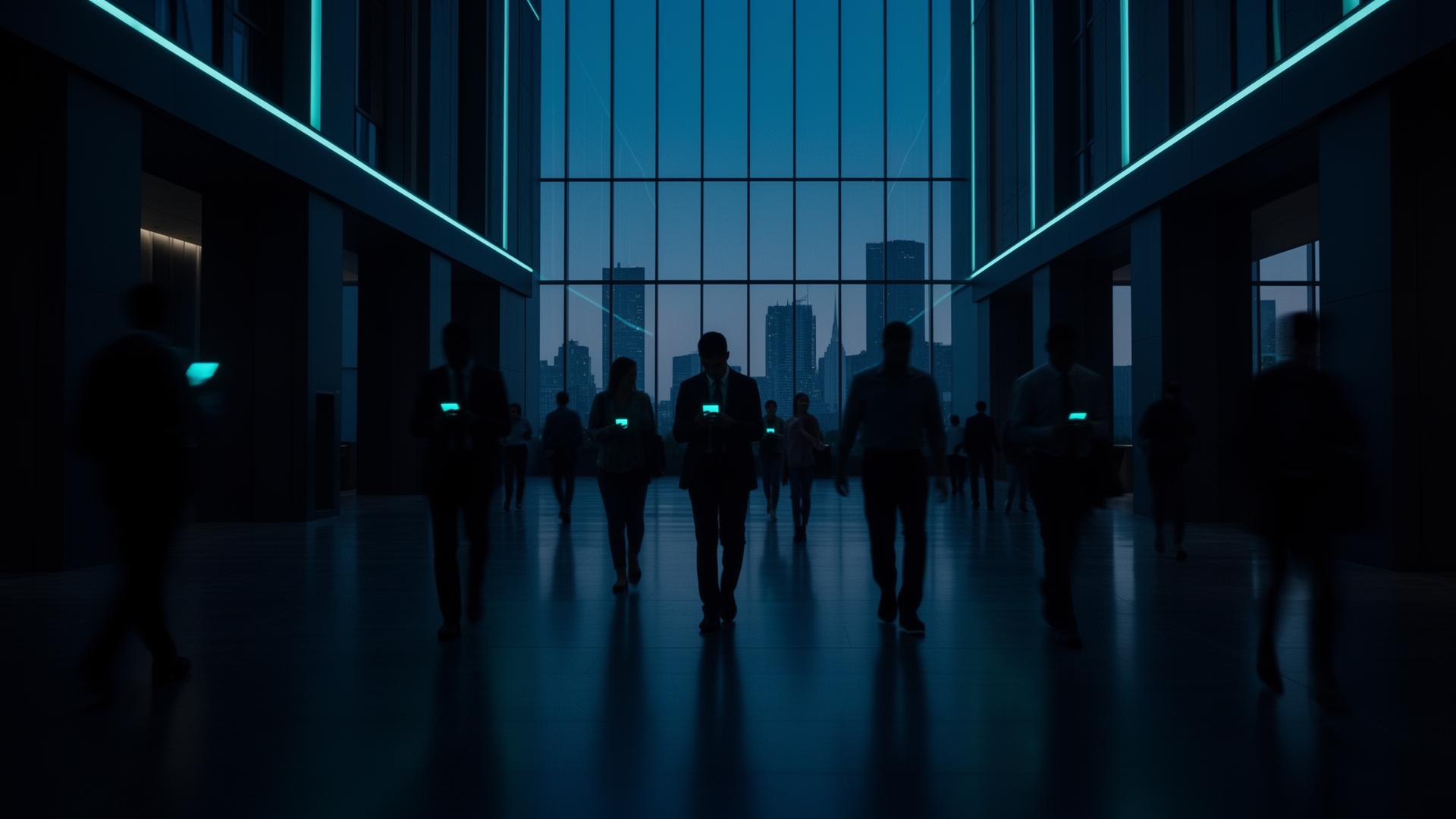 Silhouettes of people in a modern dark atrium, each carrying a glowing phone
