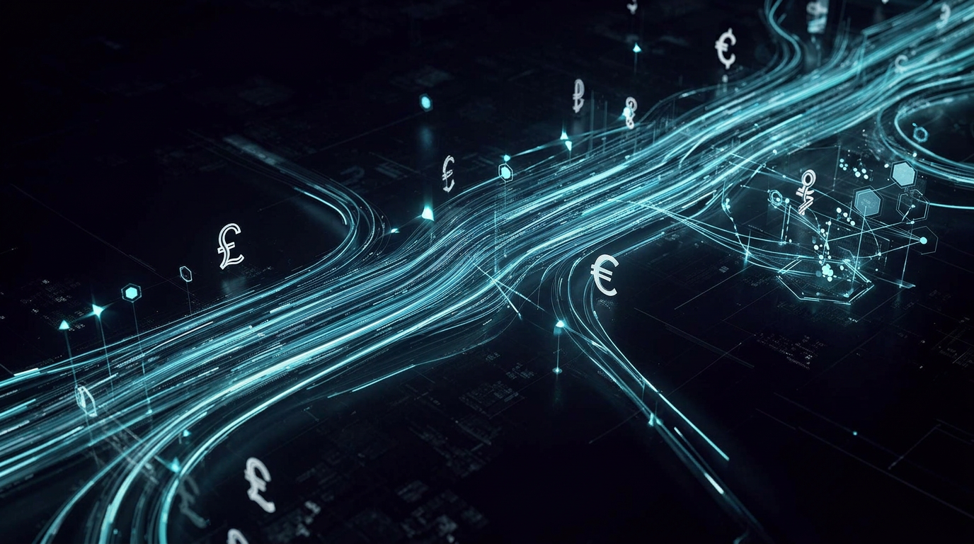 Glowing data lanes flowing through licensed checkpoints  -  money flow architecture
