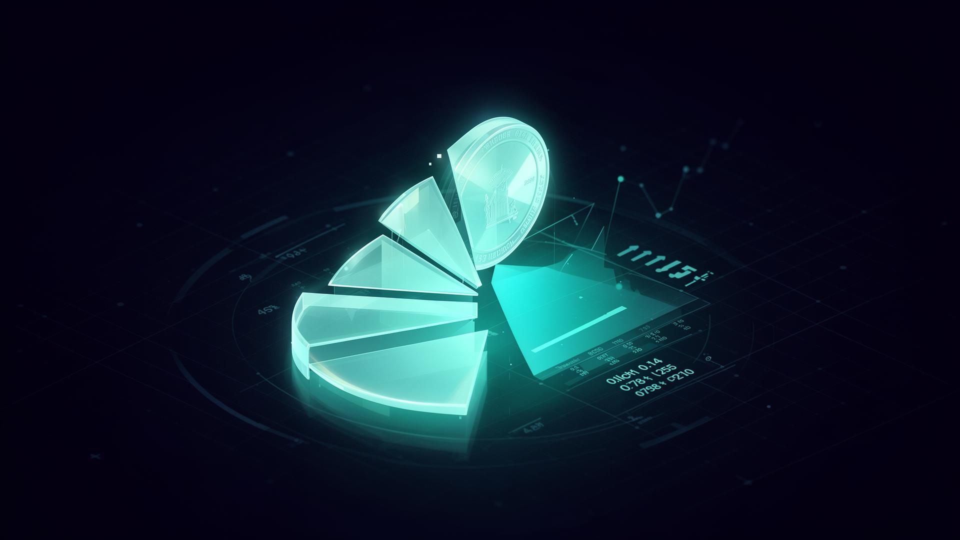 Glowing fractional equity wedge unfolding from a coin  -  cash-backed treasury motif