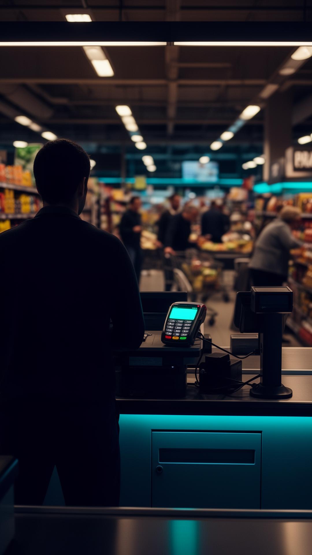 Cashier silhouette at a busy supermarket checkout with a glowing payment terminal